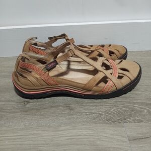 Jambu Woman's Charley Flat Nubuck Tan And Pink Sandals Size 9